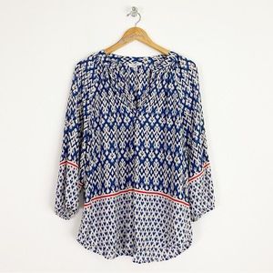 Beach Lunch Lounge Blue Print Popover Balloon Sleeve Boho Tunic Blouse M (8/10)